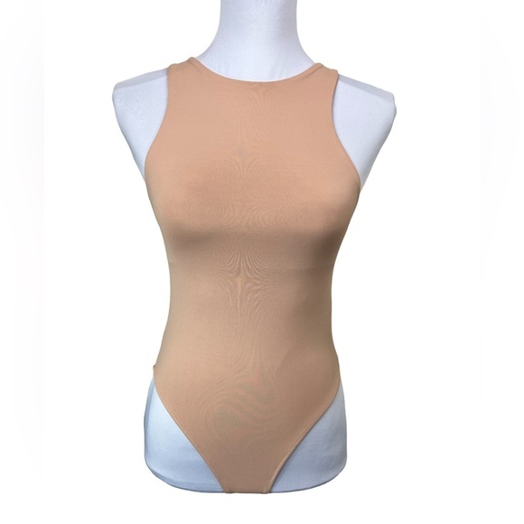 ZARA Sleeveless Tank Oval Neckline High Thigh Cut Bodysuit Nude Size Small - Picture 1 of 10